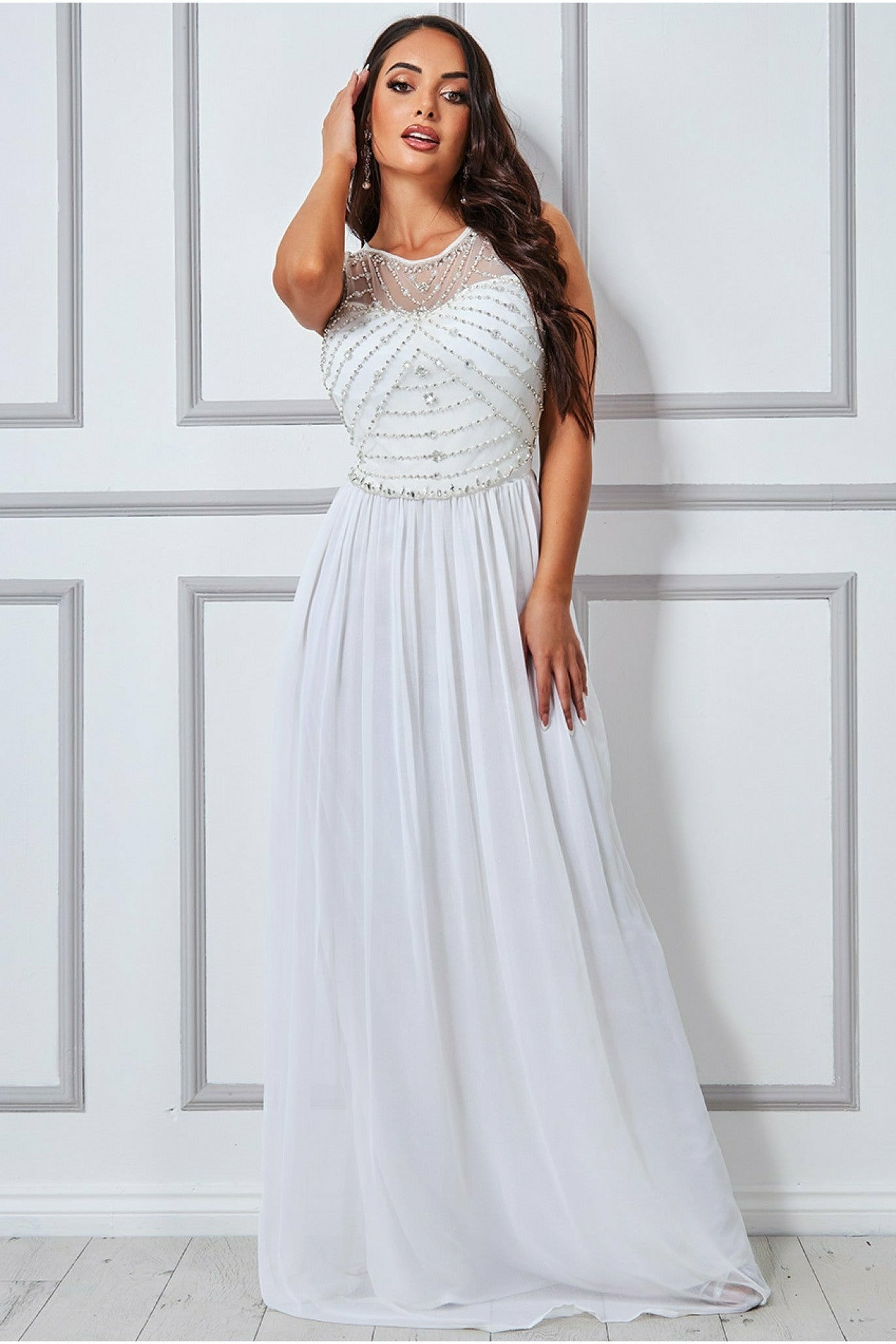 Goddiva Embellished Chiffon Maxi Wedding Dress - Cream