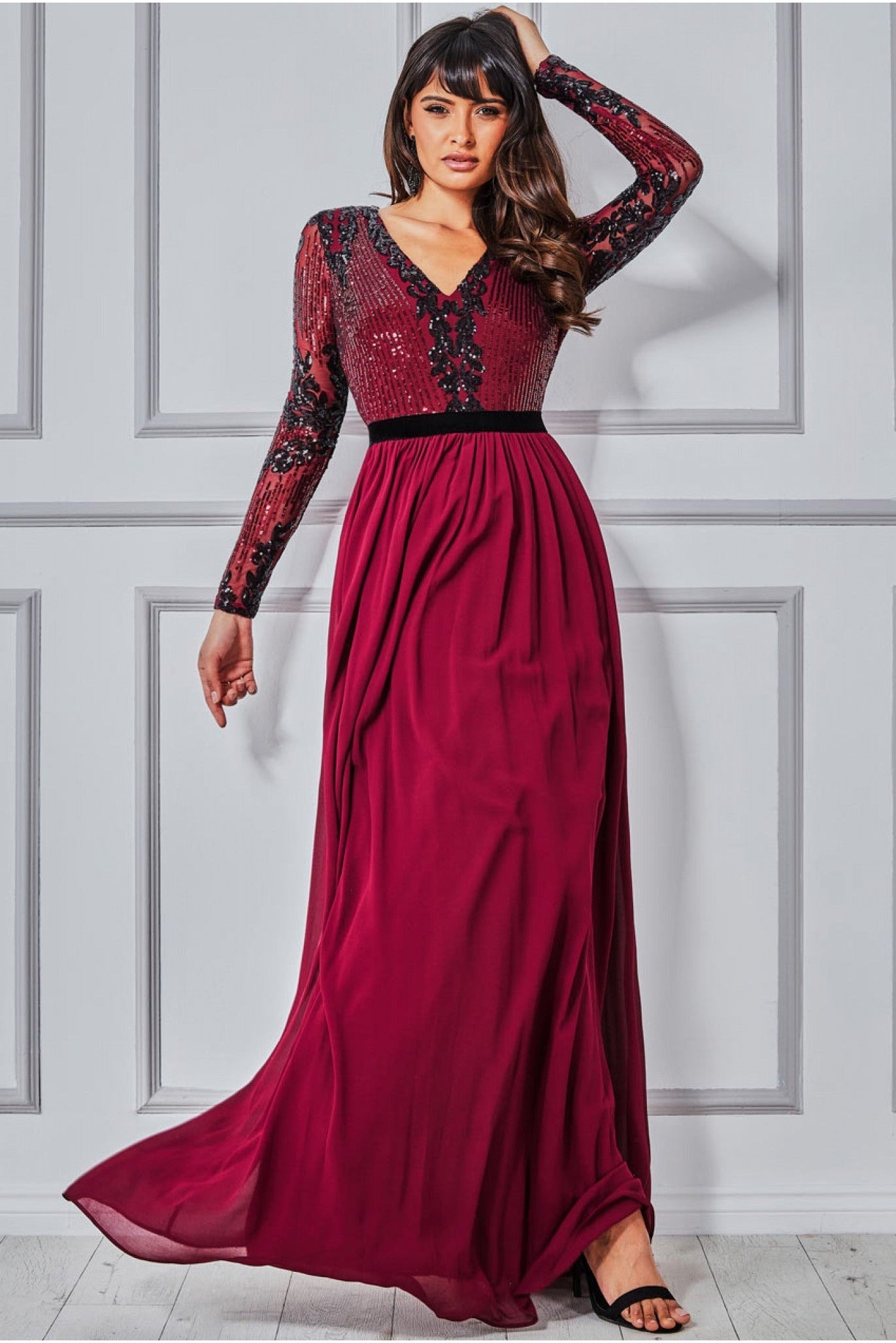 Goddiva Sequin Mesh Bodice Maxi Dress - Wine