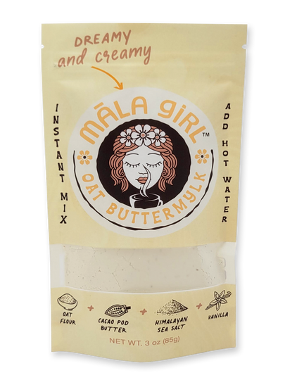 Ready to take your broth game to a whole new level? Say hello to our first ever māla girl oat buttermylk, no straining required! It is the perfect balance of creamy and dreamy with organic, gluten free oats, cacao butter for richness, essence of vanilla and a splash of Himalayan sea salt. How does it work? Simply add 1-2Tbsp. of oat buttermylk powder to 8 oz. of hot water and froth it up until its melted and creamy! Looking to add sweetness? Blend in date syrup, honey, maple or agave.