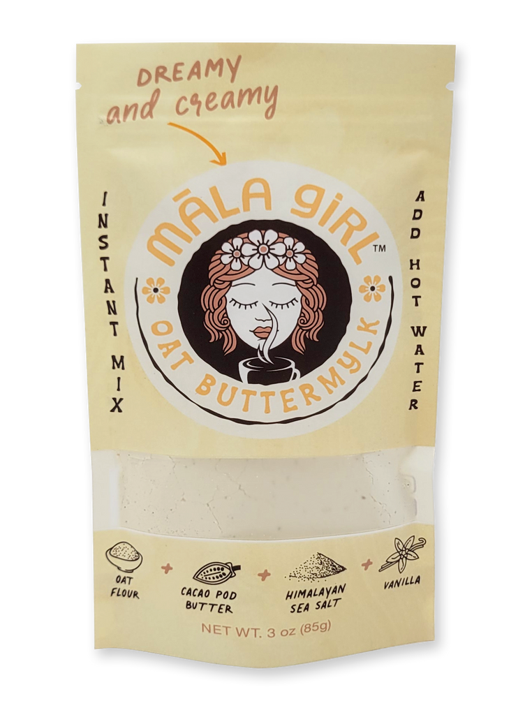Ready to take your broth game to a whole new level? Say hello to our first ever māla girl oat buttermylk, no straining required! It is the perfect balance of creamy and dreamy with organic, gluten free oats, cacao butter for richness, essence of vanilla and a splash of Himalayan sea salt. How does it work? Simply add 1-2Tbsp. of oat buttermylk powder to 8 oz. of hot water and froth it up until its melted and creamy! Looking to add sweetness? Blend in date syrup, honey, maple or agave.