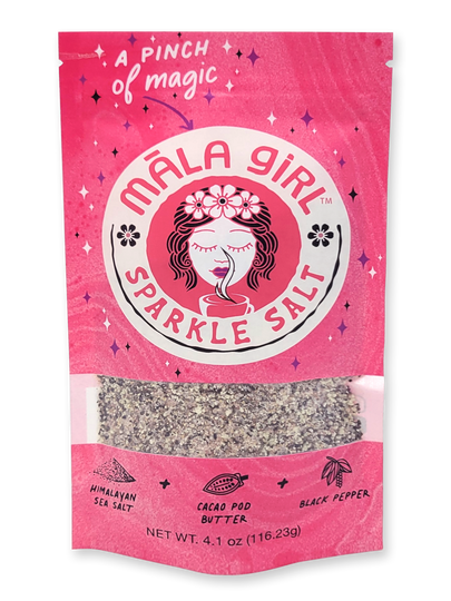 Add a little sprinkle and let your food sparkle!  Introducing Sparkle Salt. The newest product from Māla Girl, and perhaps, one of our most versatile. It’s the perfect balance of Himalayan sea salt, black pepper and cacao butter. Uniquely delicious. Great for your favorite veggie dishes, for adding depth to poultry and meats, or for topping off your baked sweets for a little dash of salt and savory. Try our Sparkle Salt today. May your cooking sparkle and your soul shine!