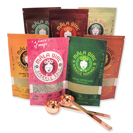  Perfect for family meal planning. The ultimate kitchen kit includes 8 serving bags of ALL Māla Girl Flavors including Sparkle Salt with 2 FREE measuring scoops! Soulfull Classic, Mushroom Brainiac, Cosmic Curry, Chili Chakra, Miracle Moringa and Fireball Basil now stocked in your pantry and ready to party with your favorite kettle or pot!