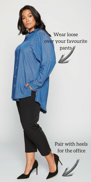 wear her loose over slim line plus size cigarette pants 