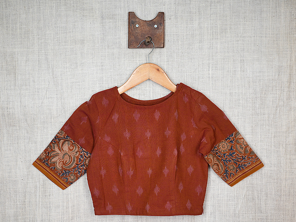 Boat Neck Rust Orange Ikat Cotton Readymade Blouse – Sundari Silks