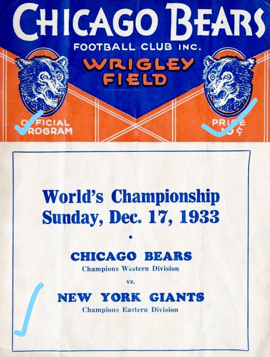1933 CHICAGO BEARS VS NY GIANTS WORLD CHAMPIONSHIP PROGRAM
