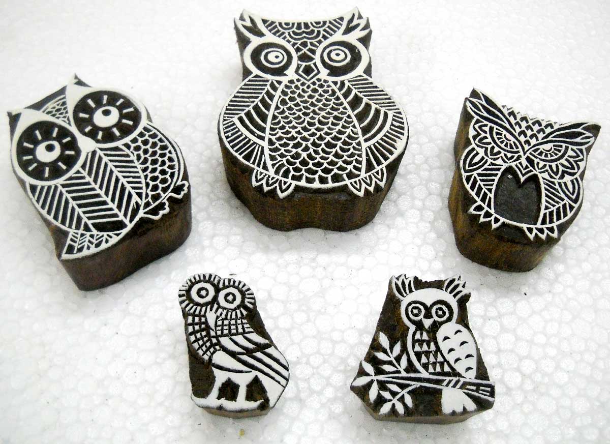 OWL Family in legno blocco timbri/Tattoo/Indian Textile Printing Blocks 