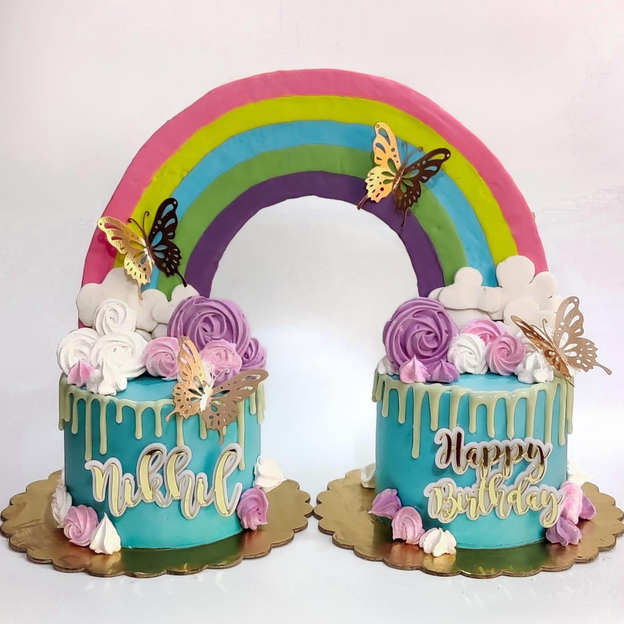 Blue Twin Rainbow Cake | Order Cake for Twins - Kukkr Cakes