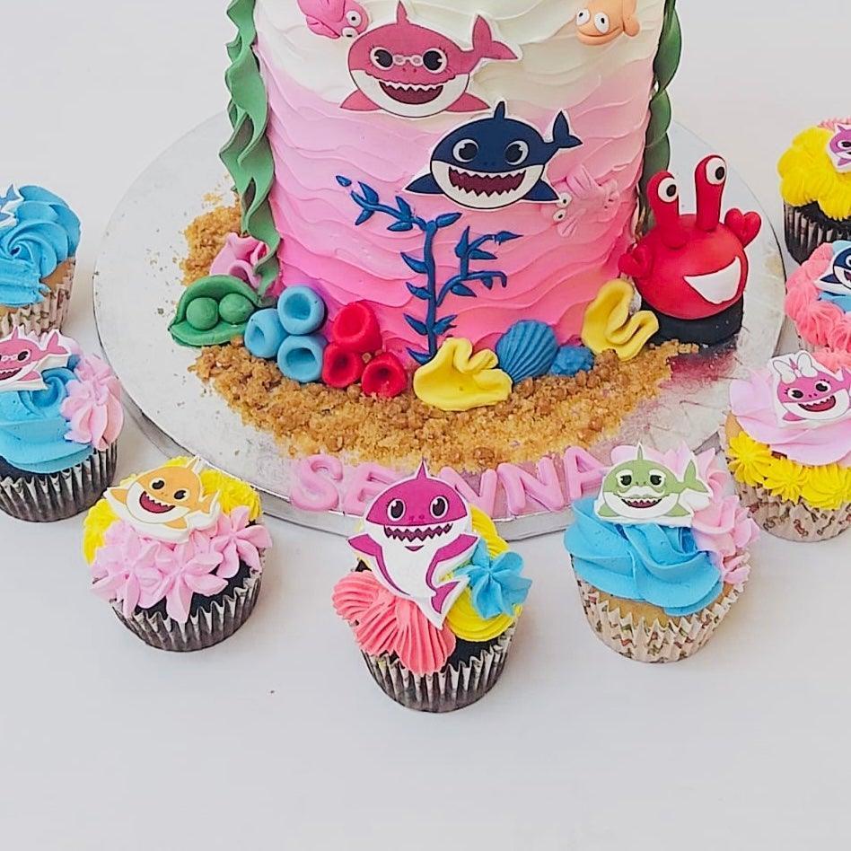 Pink Baby Shark cupcakes | Order customised cupcakes online by Kukkr