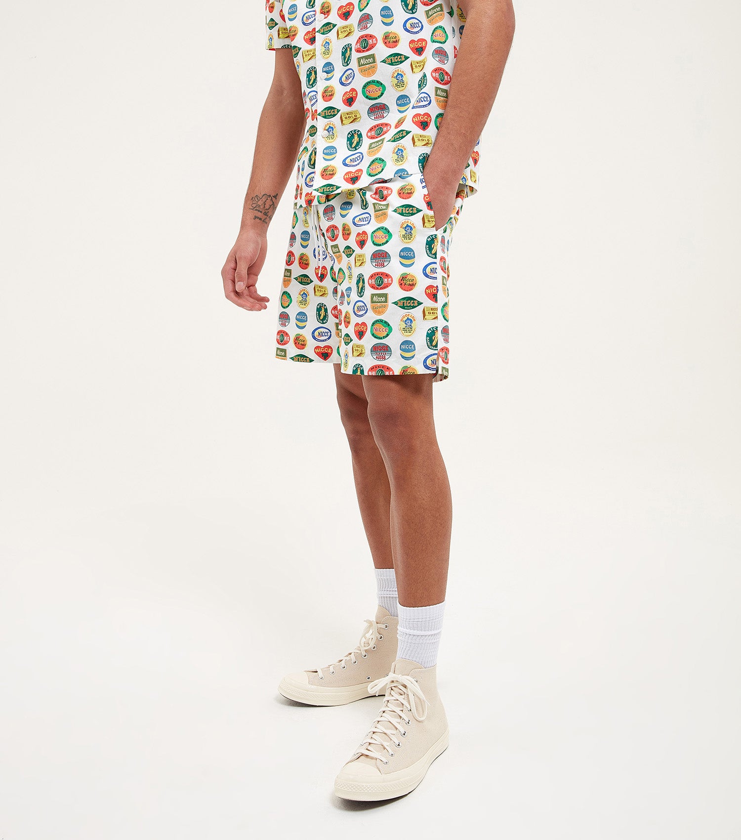 Nicce Mens Sticker Shorts | White/ Multi