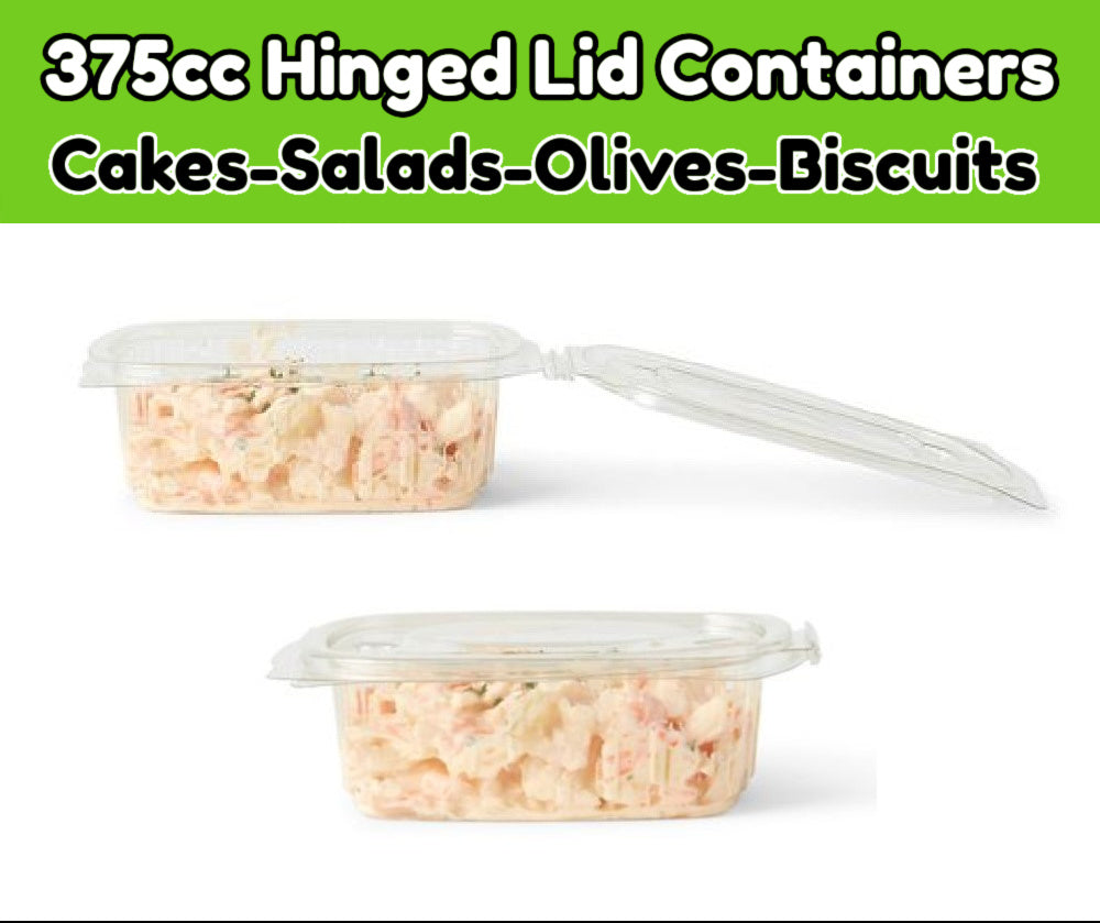 200 x 375cc Clear Cold Food/Salad/Cake Container With Hinged Lid (140mm x 115mm x 45mm) Recyclable rpet