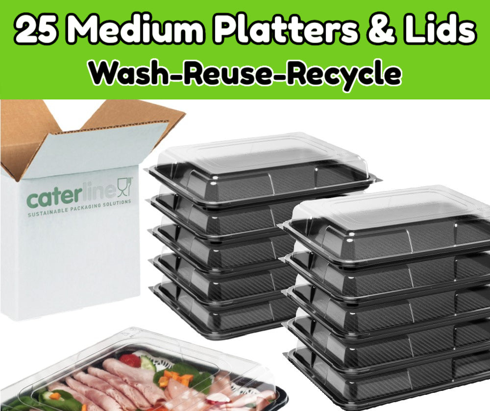 25 Medium Black Buffet Platters + 25 Clear Lids -Great Value Pack