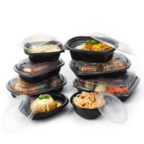 Asporto 26 oz Black Plastic 3 Compartment Food Container - with