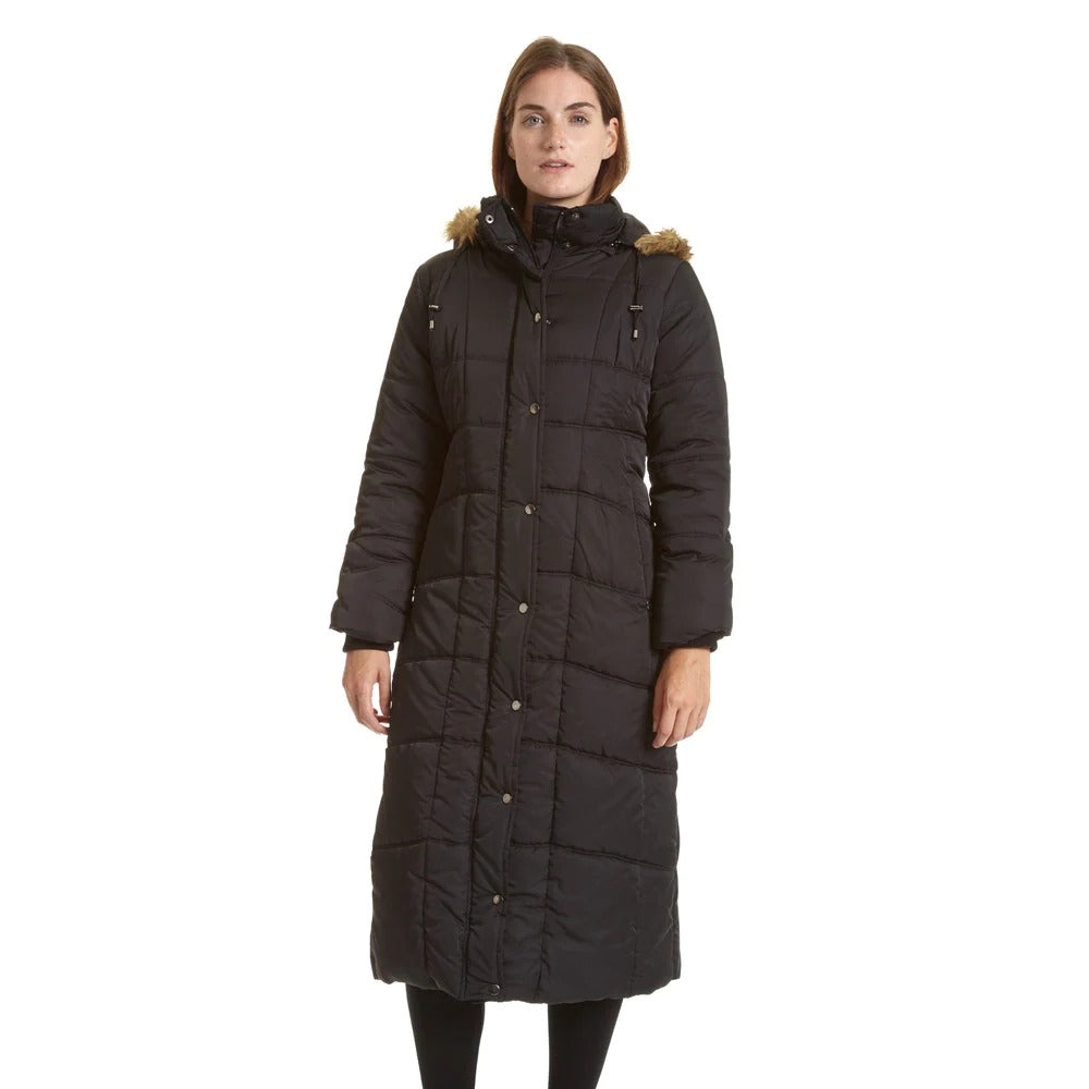 Women's Full Length Quilted Puffer City Coat with Attached Faux Fur Trim  Hood