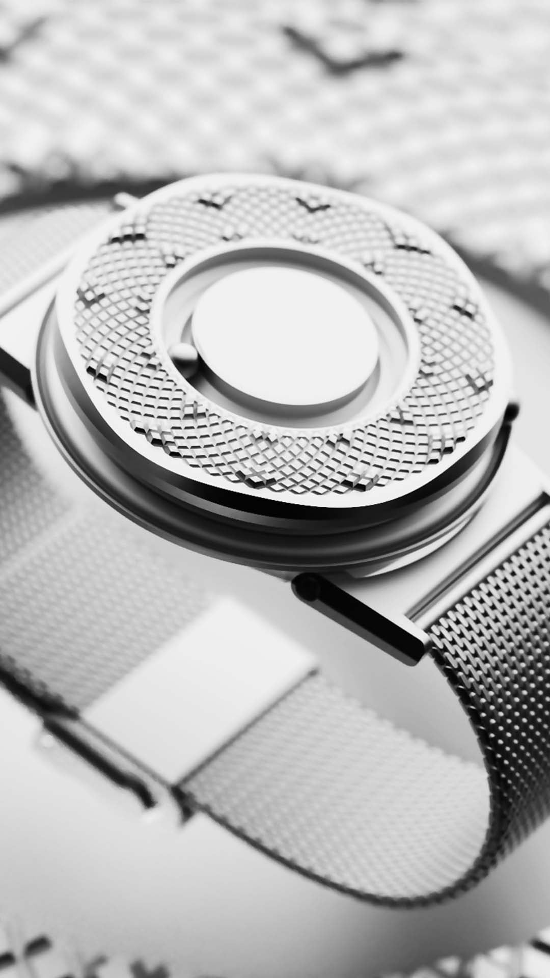 The full Eone Switch; in silver, faces upwards with its mesh bracelet. done up; appearing to float against the flat white backdrop with an oversized guilloche dial orbiting around it. The light highlights the intricate pattern work of the new dial.