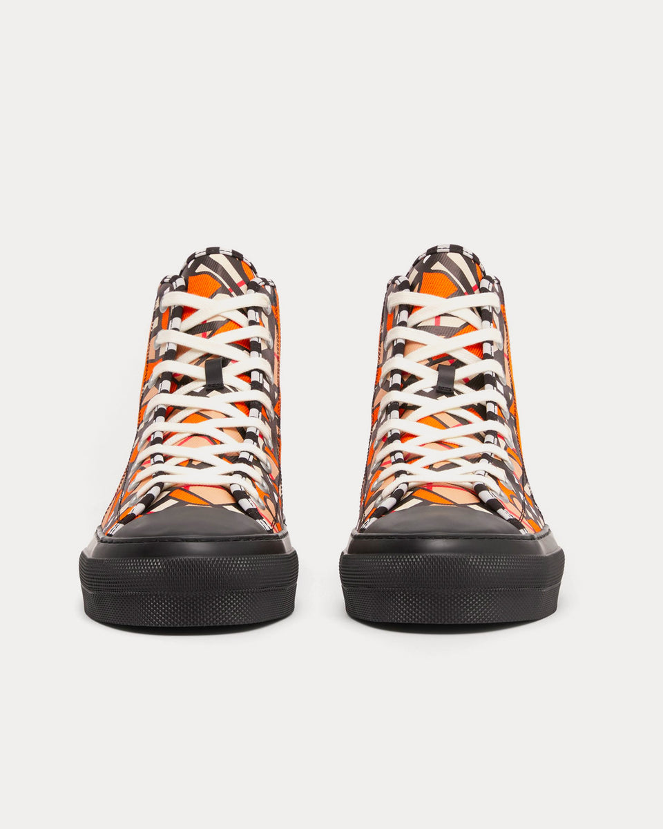 Burberry Monogram Linen Cotton Blend Bright Orange High Top Sneakers - Sneak in