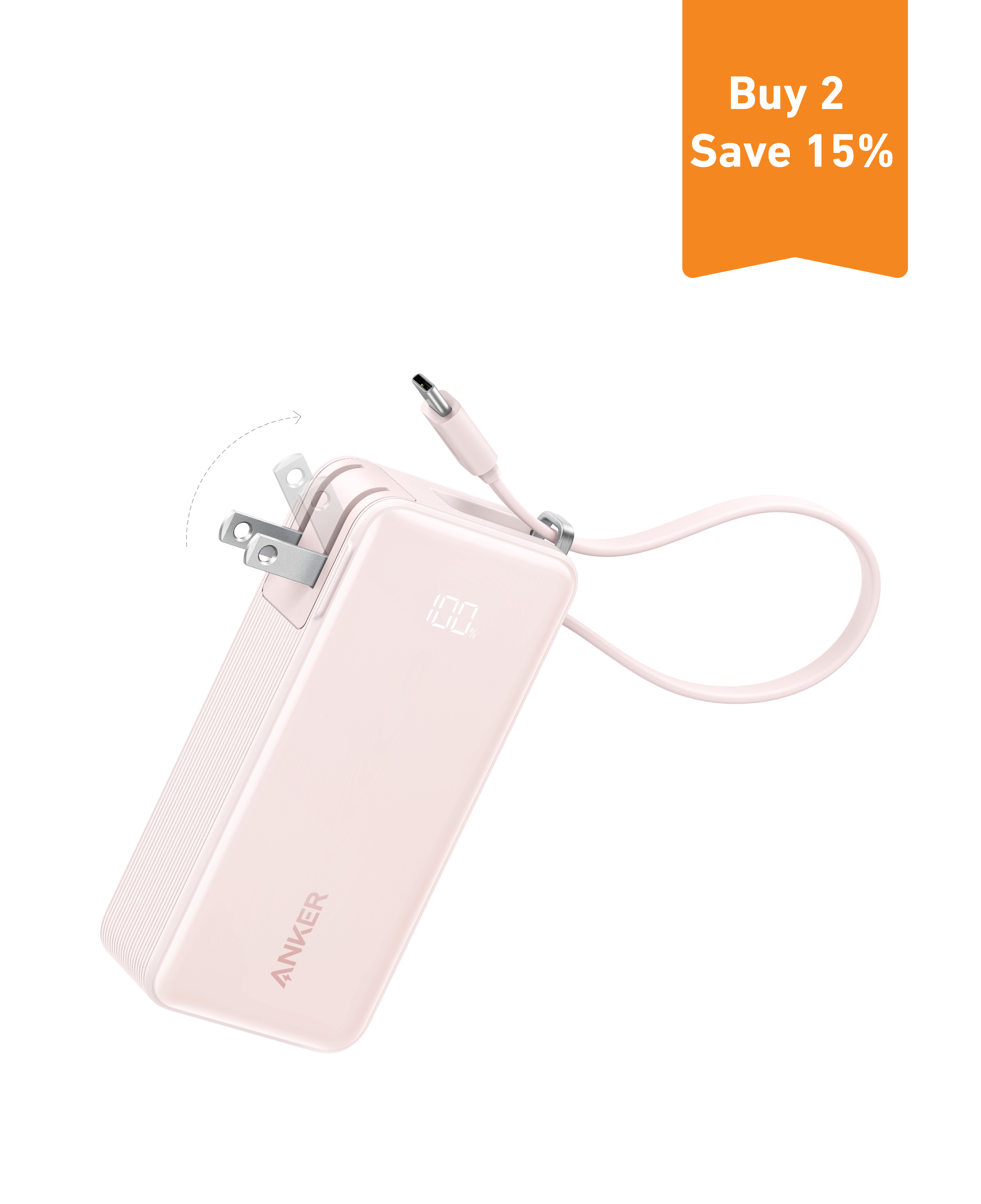 

Anker Power Bank (10K, Fusion, Built-In USB-C Cable) Pastel Pink