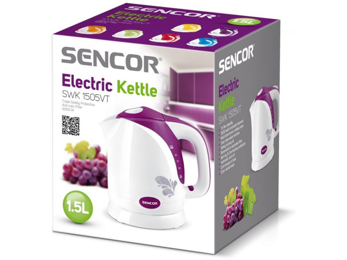 Ūdens vārītājs Sencor 1.5l, 2000W, balts ar violetu - elektriskās tējkannas un ūdens vārītāji