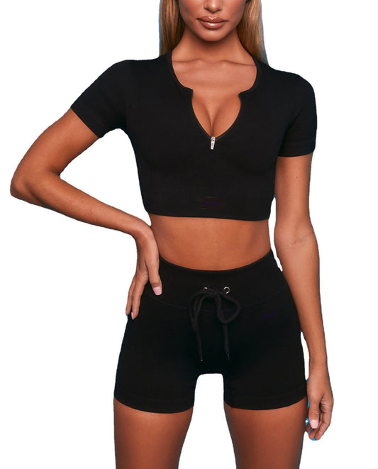 Ladies Premium Ribbed Quarter Zip Short Sleeve Yoga Set | Short Sleeve Crop Top & Shorts