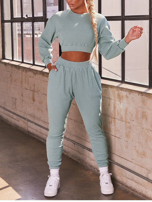 Ladies Crewneck Ribbed Sweatsuit | Long Sleeve Crop Top & Joggers | 1025