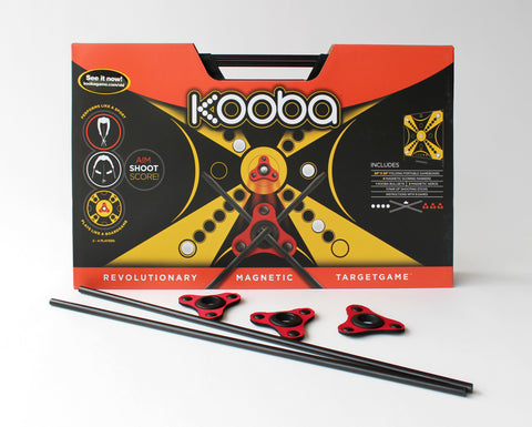 KOOBA game board with aeros and sticks in front.