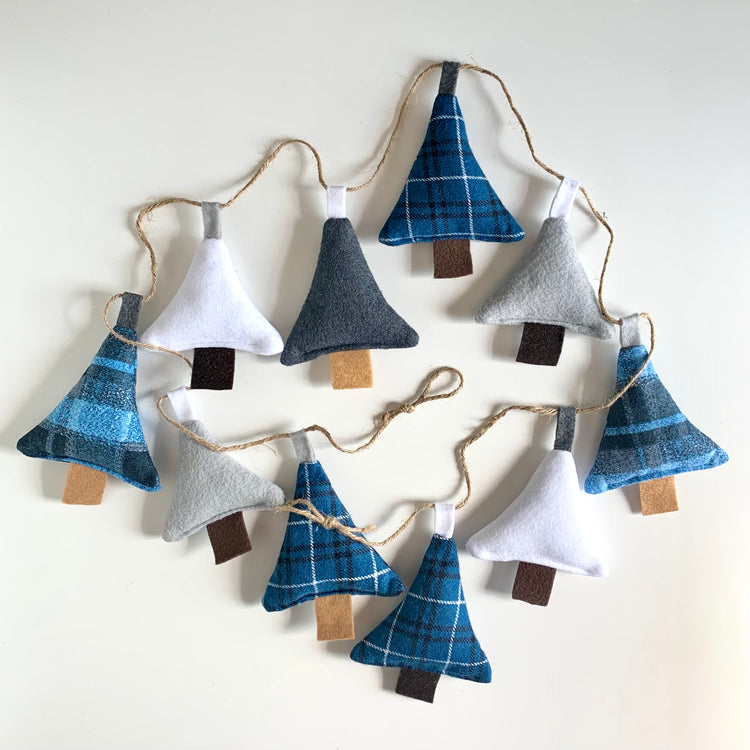 Plaid Christmas Trees Garland, Fireplace mantle, Winter Crisp Blue Grey
