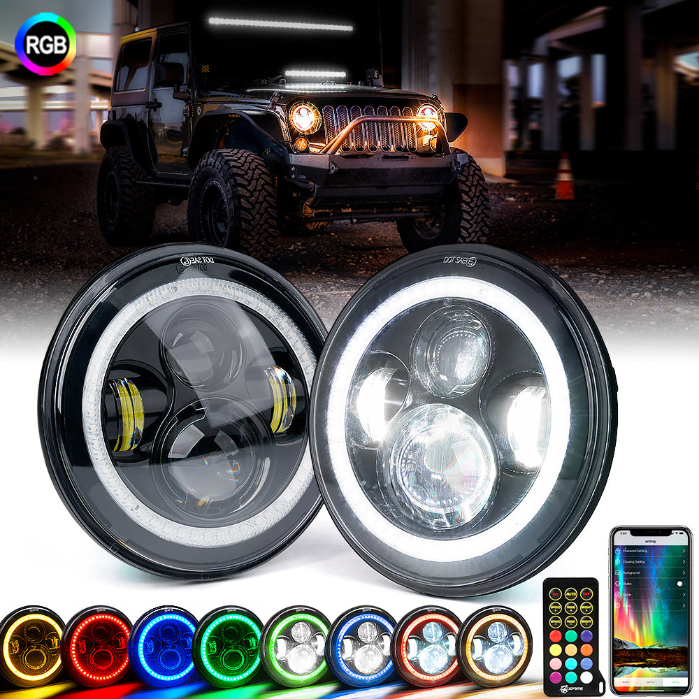 Halo DRL Round Headlamps DOT Approved for 1997-2018 Jeep Wrangler JK LJ CJ TJ Hummber H1 H2 Xprite 7 Inch CREE LED Headlights with High/Low Beam 