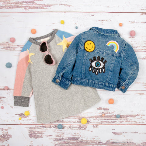 Girls Fall Star stripe flowy dress and cute girls denim jacket with patches