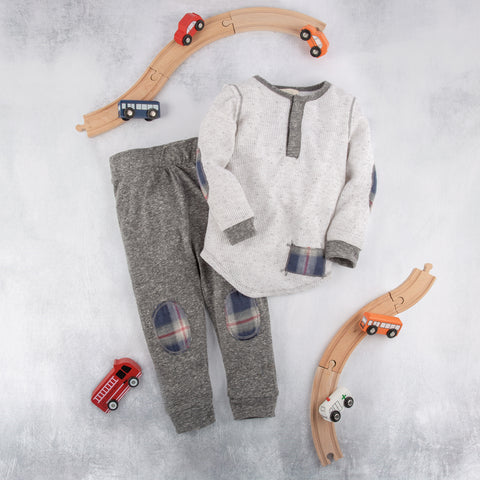 Boys Long Sleeve Henley with Plaid and Matching Plaid grey pants