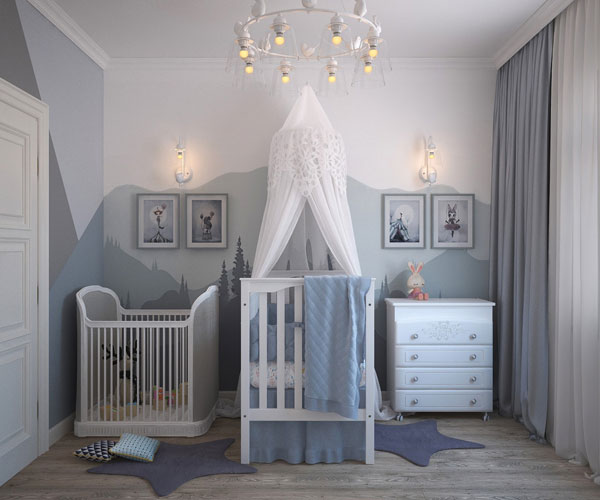 A picture of a children’s room with a gray color scheme