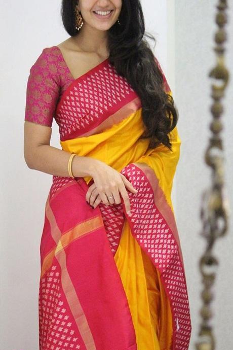 Heavenly Yellow And Red Color Designer soft Silk Saree – Treandy Saree
