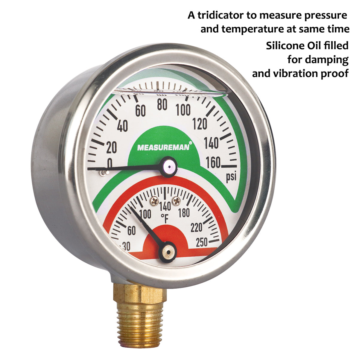 2 1/2" Tridicator Thermo-Manometer Temperature Pressure Gauge 0-160psi 30-250 F 