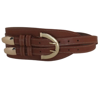 brown natural leather belt for women, golden metal