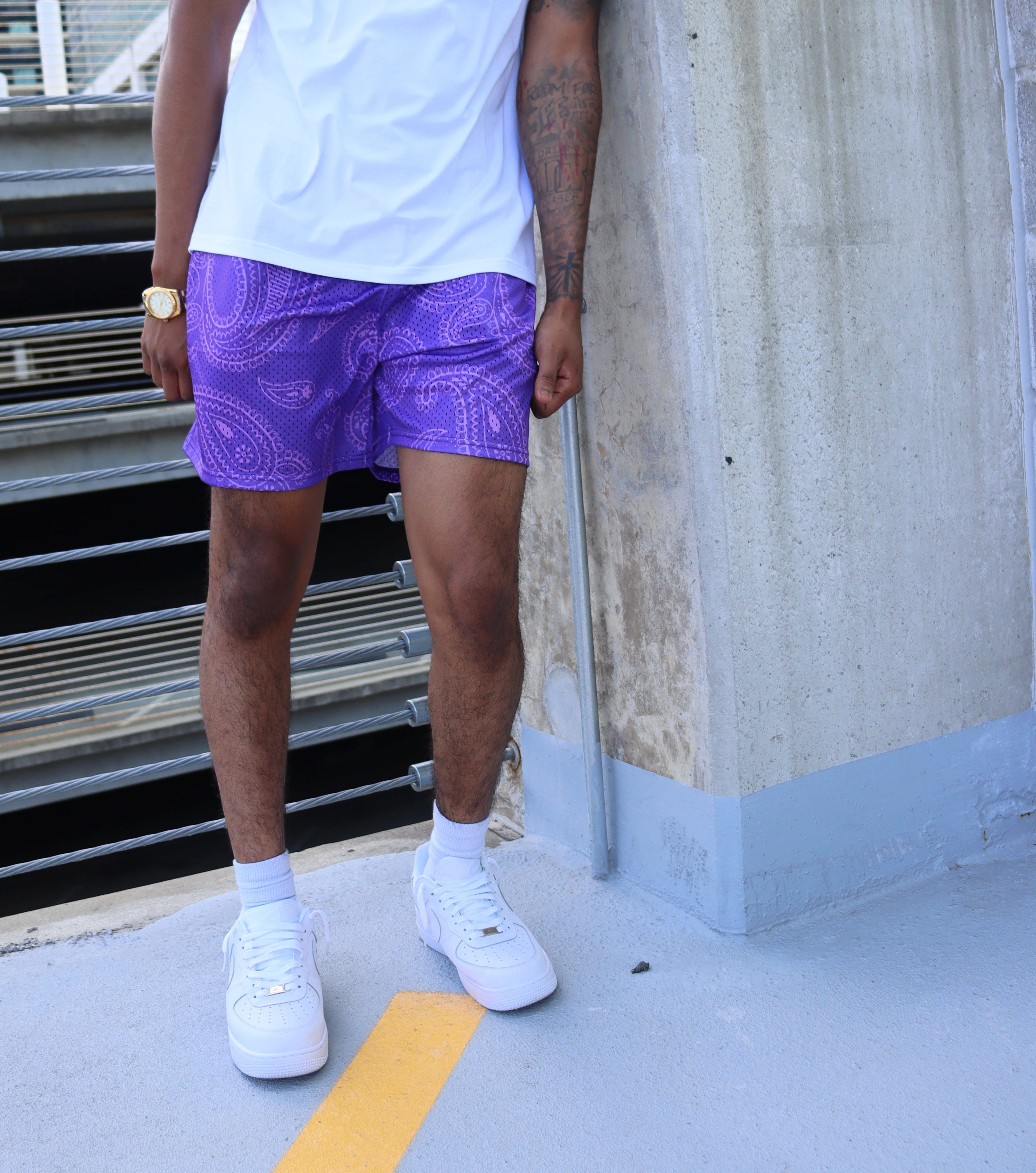 purple drawstring shorts