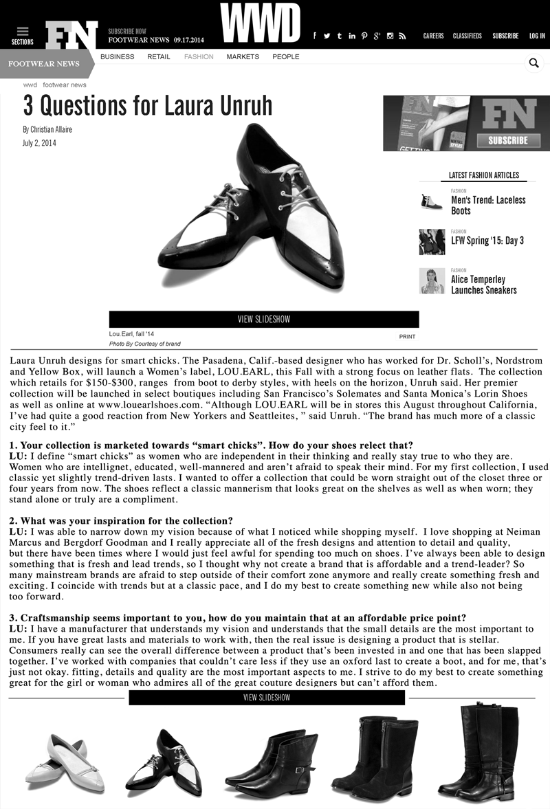 Footwear News article about LOU.EARL and interview with Laura Unruh