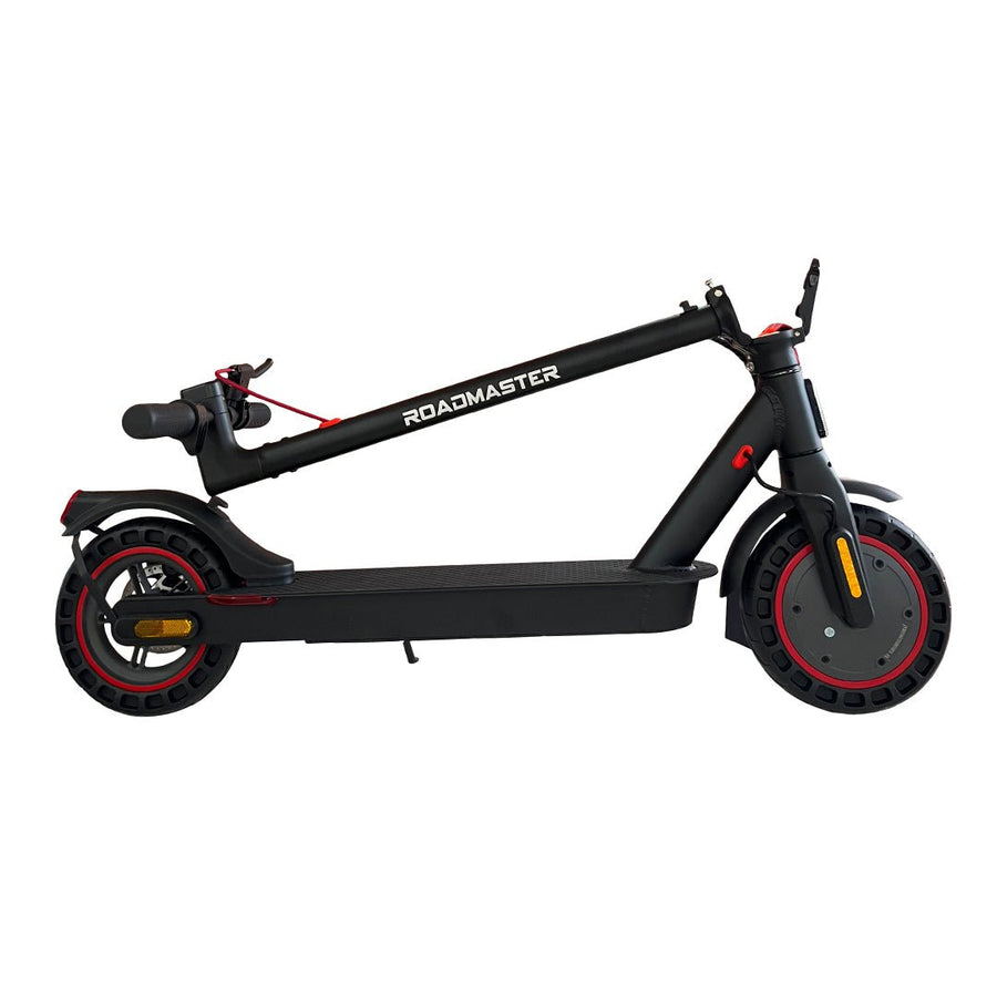 Plegado de la patineta Roadmaster 350W: "Patineta Roadmaster 350W plegable mostrando mecanismo de plegado"