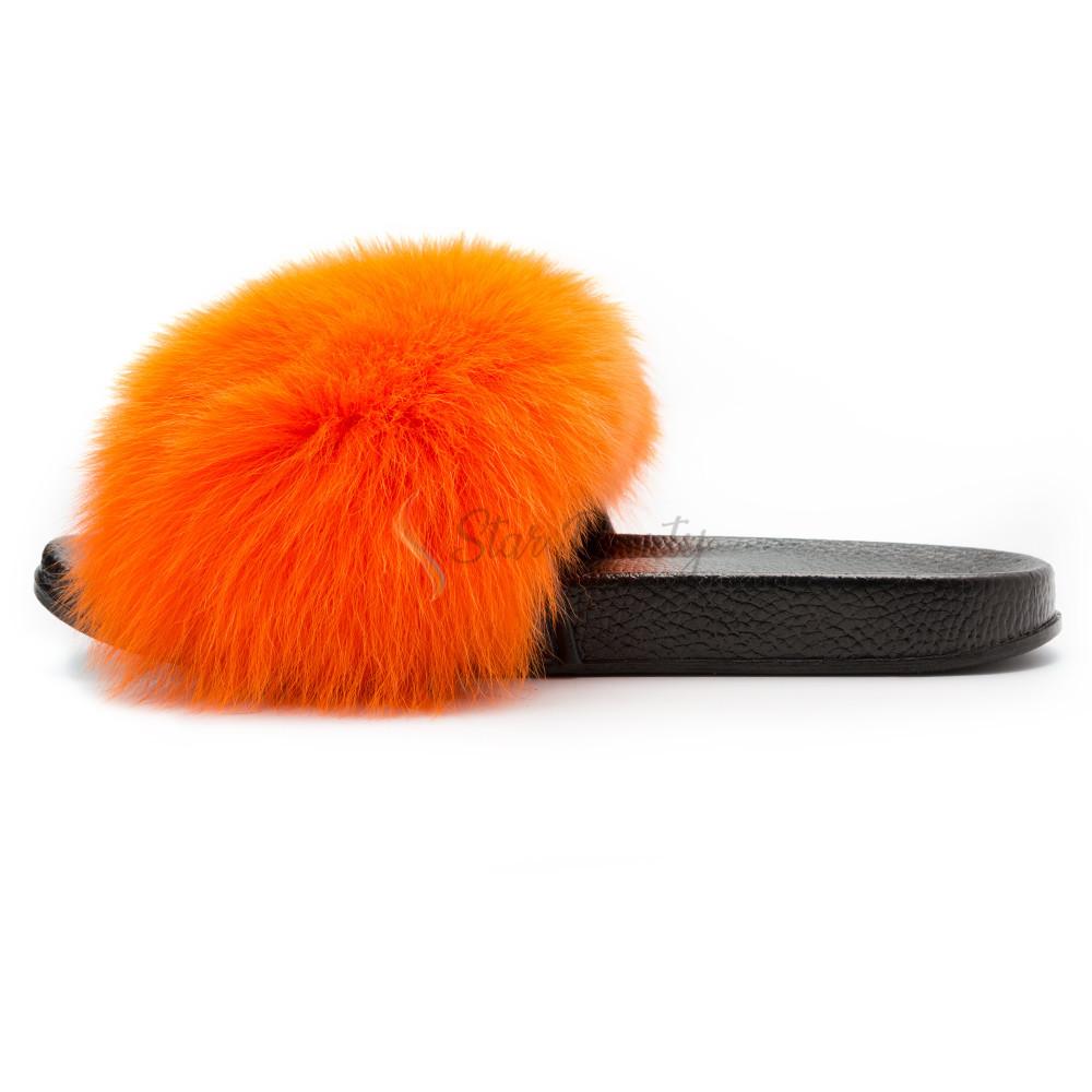 Bright Orange Luxury Fox Fur Slides CoccoUSA