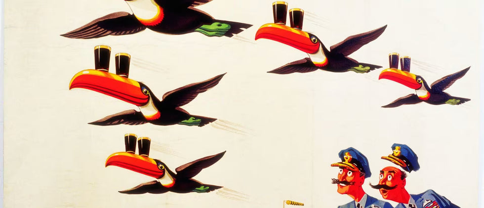 Illustration of toucans and a character in uniform on a light background