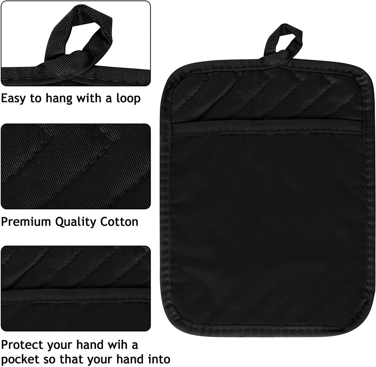 7”x 9” Set of 4 Kitchen Basic Trivet for Cooking and Baking Cotton Pocket Pot Holder Kitchen Hot Pad Heat Resistant Black