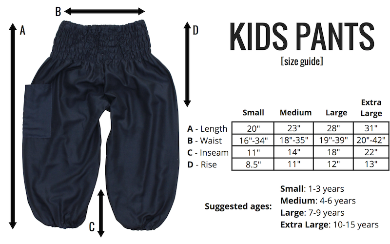 size guide bohemian island kids harem pants