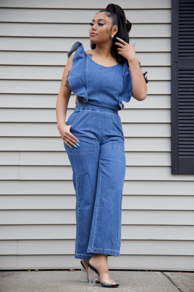 denim jumpsuit open back