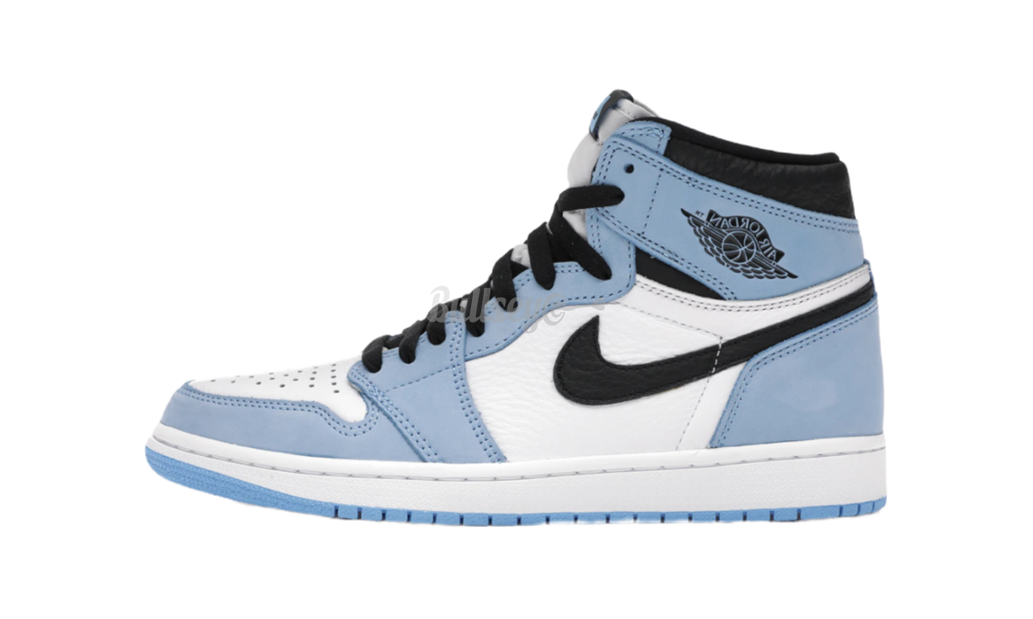 black and white jordan 1 with blue swoosh