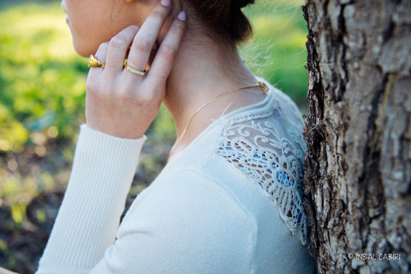 summer white dress with stacked rings