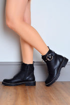Black PU Zip Front Buckle Ankle Boots