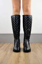 Black PU Quilted Calf Flat Boots