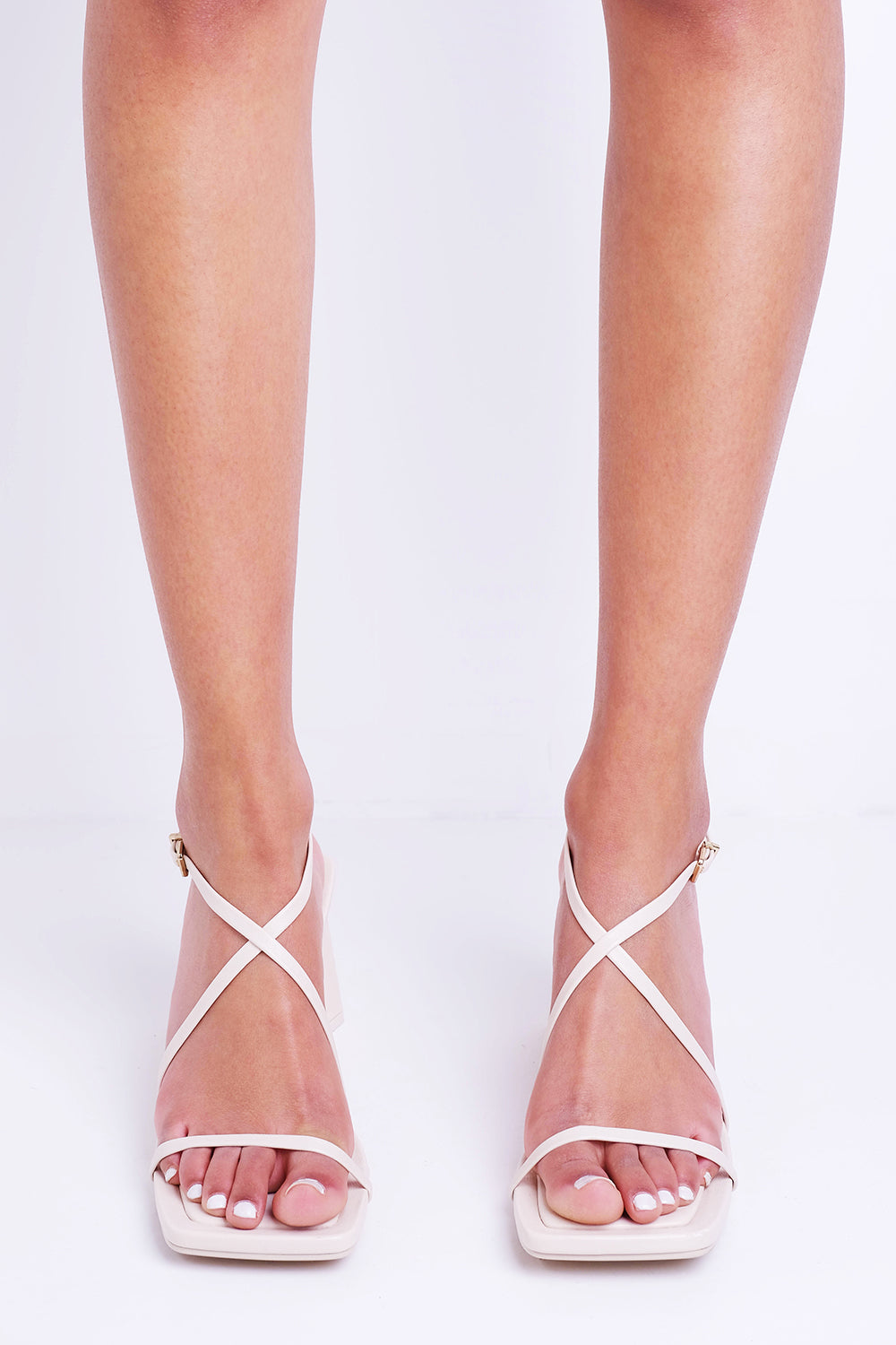 Cream Strappy Block Heel With Square Toe