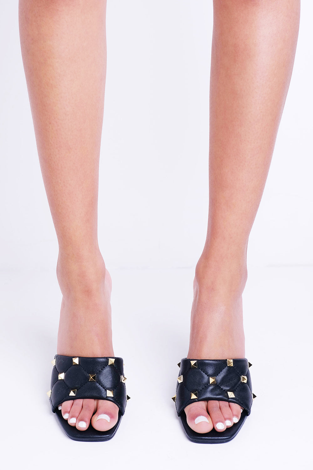 Black Square Toe High Heel Mules With Stud Details