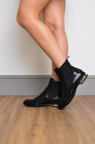 Black Croc Patent Metal Heel Ankle Boots