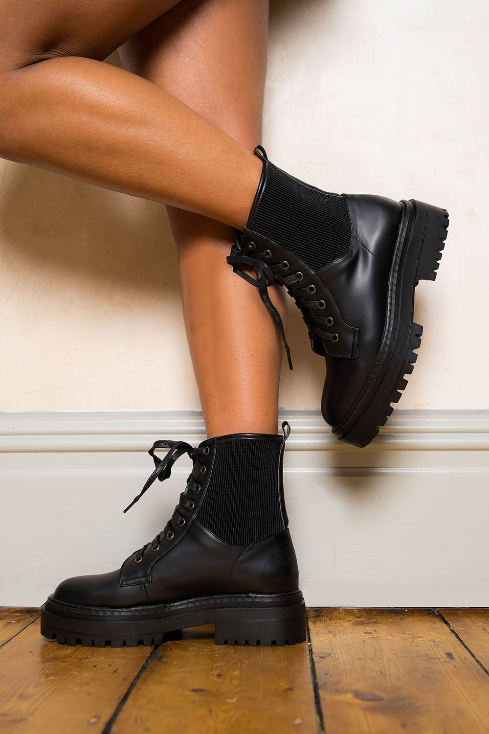 Black PU Ribbed Panel Lace Up Ankle Boots