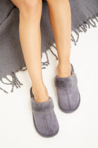 GREY SUEDE TEDDY FAUX FUR LINED SLIPPERS