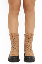 Dark Mocha PU Chunky Ankle Boots With Lace-up Front and Faux Fur Trim Lining